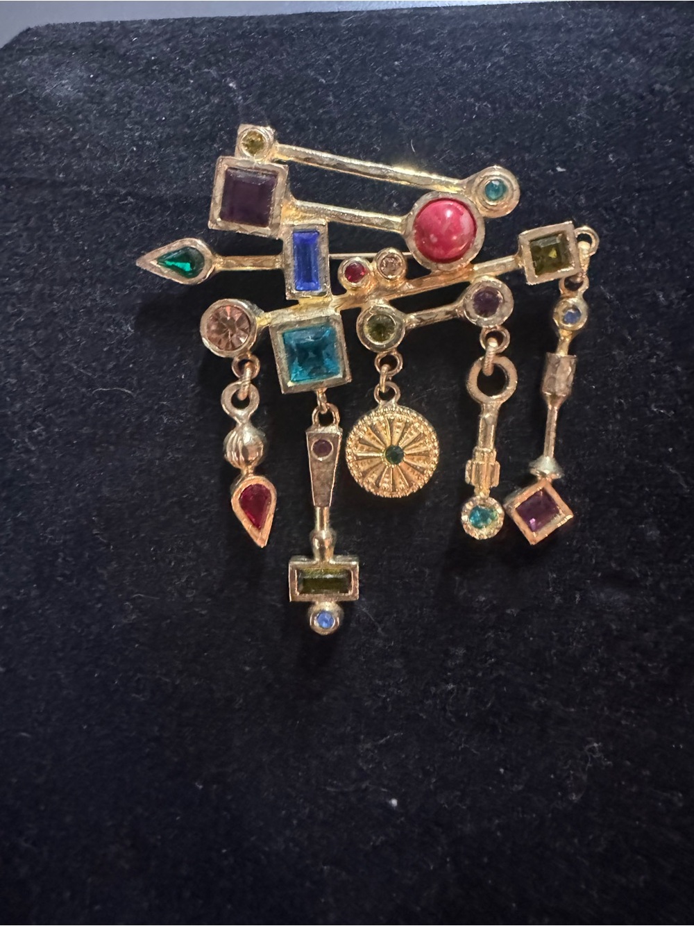 Patricia Locke Gold-Tone Multicolor Dangle Brooch with Gem Accents
